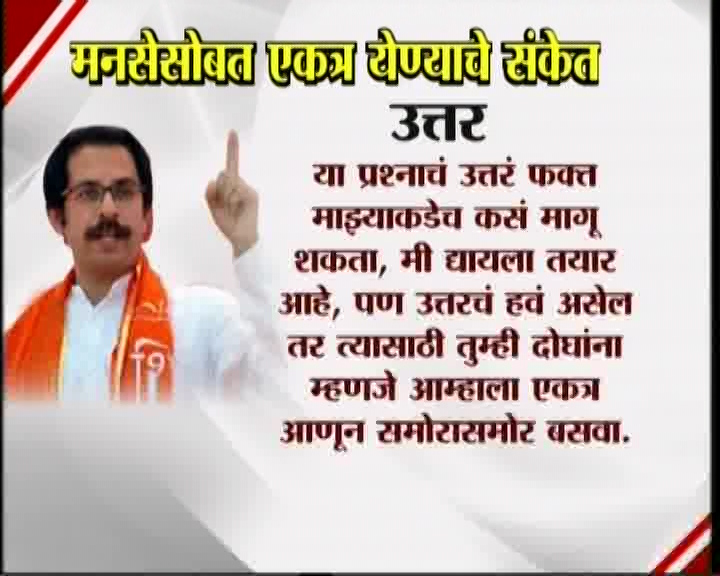 <h3>उद्धव म्हणतात...</h3><br/>मनसेसोबत एकत्र येण्याचे संकेत उद्धव ठाकरेंनी दिलेत. शिवसेना पक्षप्रमुखपद स्वीकारल्यानंतर सामना वृत्तपत्राला दिलेल्या प्रदीर्घ मुलाखतीत त्यांनी हे संकेत दिलेत. उद्धव-राज एकत्र येतील काय? या प्रश्नावर उद्घव ठाकरेंनी, हा प्रश्न आम्हाला दोघांना एकत्र बसवून विचारा. या प्रश्नाचे उत्तर दोघांना एकत्र देऊ द्या’ असं म्हटलंय. मराठी मतांच्या विभागणीबद्दल बाळासाहेब ठाकरेंनी आपल्या शेवटच्या भाषणात व्यक्त केलेली खंतही यावेळी उद्धव ठाकरेंनी बोलून दाखवली. एकत्र येण्याचे संकेत शिवसेना पक्षप्रमुख उद्धव ठाकरेंनी दिल्यानंतर आता मनसे अध्यक्ष राज ठाकरे कोणती भूमिका मांडणार... याबाबत उत्सुकता लागलीय.<br>उद्धव ठाकरेंच्या निर्णयावर त्यांचे पी.ए. मिलिंद नार्वेकरांचा प्रभाव असतो. अशी नेहमी चर्चा असते. याबाबतही उद्धव ठाकरेंनी आपली भूमिका स्पष्ट केली.<br>