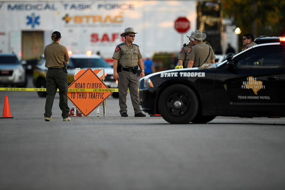 Law enforcement set up along street near First Baptist Church after mass shooting in Sutherland Springs, Texas. Law enforcement set up along street near First Baptist Church after mass shooting in Sutherland Springs, Texas.