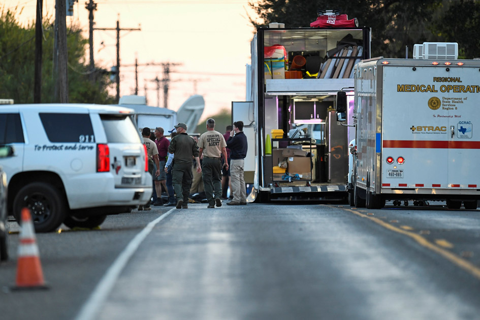 Medical personnel and law enforcement set up along a street near the First Baptist Church in Sutherland Springs, Texas. Medical personnel and law enforcement set up along a street near the First Baptist Church in Sutherland Springs, Texas.